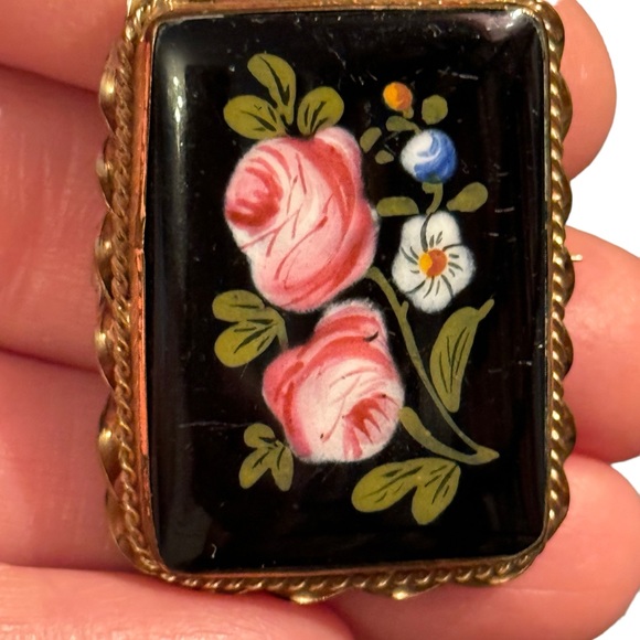 Antique Hand Painted Blue Flower Black Enamel Brooch Ornate Gold Lg Art Nouveau - Picture 4 of 9